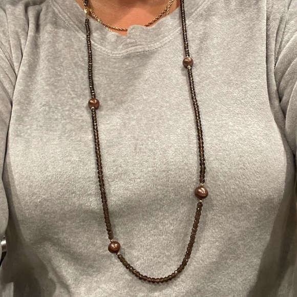 14K Clasp Golden Brown & Gold Beaded Necklace - Picture 1 of 7